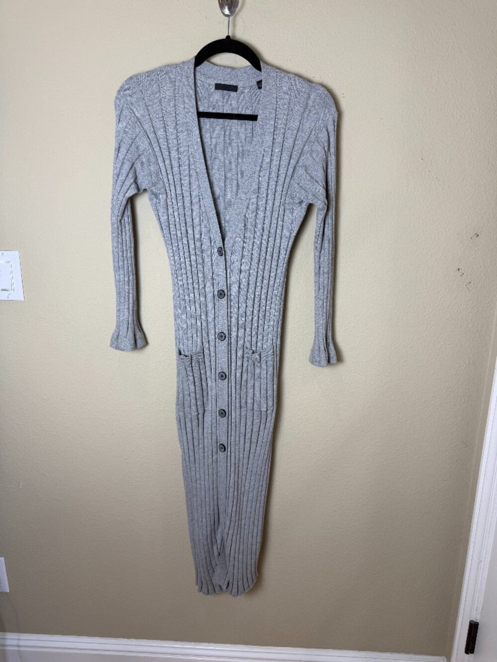 ATM Cotton Cashmere Duster Longline Cardigan Sweater Grey Ribbed Size XS